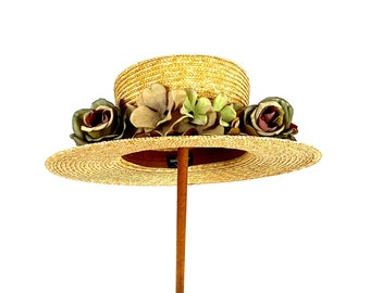 Boater Straw Hat with Floral Trim - Romantic Boho Canotier