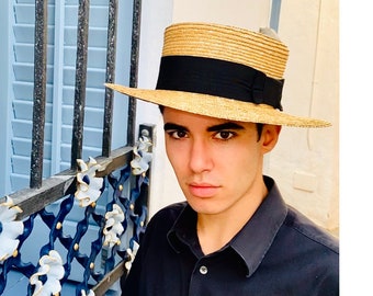 Men's boater straw hat, straw boater hat, gondolier straw hat, natural straw boater hat, boater straw hat with black ribbon, man straw hat