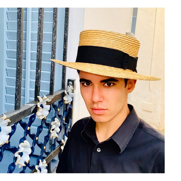 Men's boater straw hat, straw boater hat, gondolier straw hat, natural straw boater hat, boater straw hat with black ribbon, man straw hat