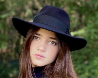 Sombrero fedora de fieltro negro de ala grande, sombrero de fieltro para hombre y mujer de ala grande