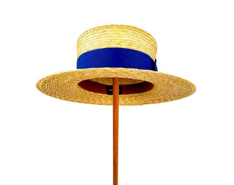 Natural straw boater hat with blue ribbon, elegant straw summer boater hat, twenties style boater straw hat, hand made straw summer hat