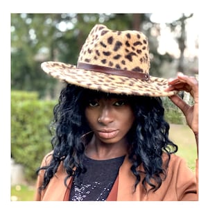 Leopard fedora hat wide brim, leopard fur felt melousine fedora hat, cheetah animal print fedora hat, wide brim fedora hat, cowboy felt hat