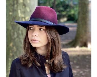 Wide brim fedora hat, blue and burgundy fedora hat, man and woman fedora hat, oversized women fedora hat, fedora felt hat large brim