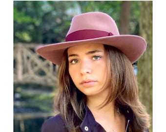 Woman fedora hat wide brim, rose gold fedora fur felt hat with large brim, wide brim fur felt fedora hat, oversized woman fedora felt hat