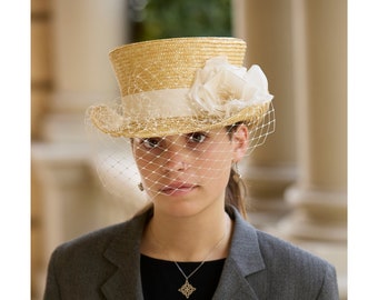 Haut-de-forme de mariée en paille avec filet - Coiffure de mariage pour femme - Accessoires de mariage romantiques - Mariée bohème