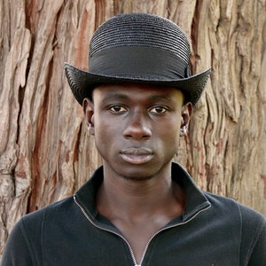 Black Straw Bowler Hat- Men's Derby Straw Hat - Classic Summer Style for Sunny Days