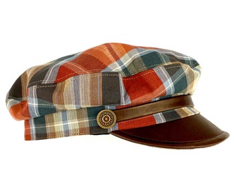 Brown plaid sailor summer cap, brown checkered sailor cap, summer plaid cap for men and women, brown checkered summer cap, brown plaid hat