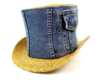 Handmade Recycled Denim and Straw Top Hat - Unique Fashion Accessory for Men and Women