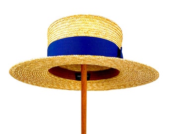 Natural Straw Boater Hat With Blue Ribbon, Elegant Straw Summer