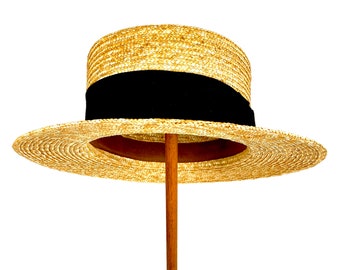 Straw Hat Boater, Natural Straw Canotier Hat, Boater Straw Hat Red Ribbon, Womens Boater Straw Hat, Gondolier Straw Hat, Summer Boater Hat