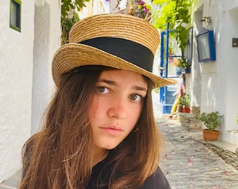 Handmade Straw Top Hat: Victorian Edwardian Style with Grosgrain Ribbon