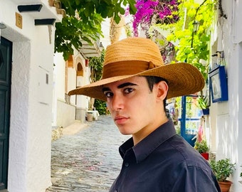 Italian natural straw fedora hat, straw fedora man hat, elegant summer fedora straw hat, wide and large brim fedora natural straw hat
