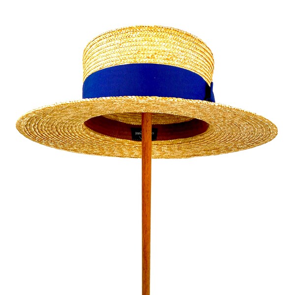 Canotier en paille naturelle avec ruban bleu, élégant canotier d'été en paille, canotier de style années 20, chapeau d'été en paille fait main