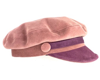 Old pink velour sailor cap with leather visor, woman old rose cotton velour winter cap, old pale pink velour cap with purple leather visor