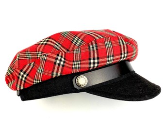 Red tartan plaid sailor cap, captain scottish red cap, red tartan fabric check sailor cap, red scottish sailor cap, red captain plaid cap