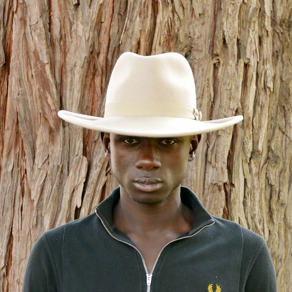 Wide Brim Fedora Ivory Felt Hat - Handmade Men's Maverick Custom Headwear