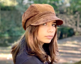 Baker boy hat, brown suede leather cap, brown suede baker boy cap, woman suede leather newsboy cap, winter suede leather cap