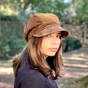 Baker boy hat, brown suede leather cap, brown suede baker boy cap for men and women