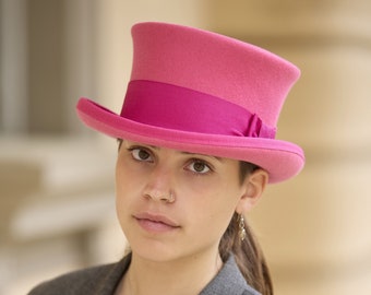 Pink Felt Low Top Hat – Fuchsia Ribbon, Trendy Fashion