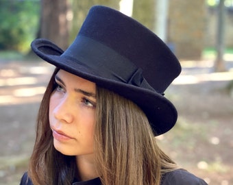 Chistera de fieltro negro de copa baja, Top hat negro para ocasiones especiales, sombrero de copa de fieltro negro paro hombre y mujer