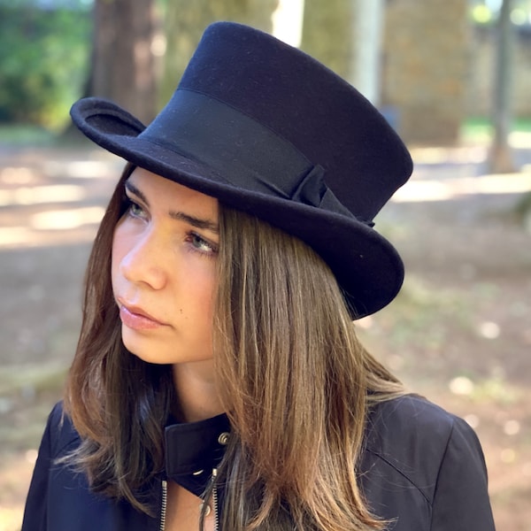 Woman top hat, women low top hat, short top hat, black top hat short crown, black topper hat, women black top hat, edwardian woman hat