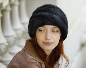 Black Fur Felt Melousine Turban Hat - Handcrafted 1940s-inspired Headpiece