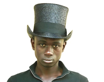 Men&#39;s derby straw hat, black straw top hat high crown, cylinder black top hat, black topper straw hat, tall top hat, summer straw top hat