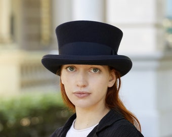 NAVY Blue Top Hat - Dark Blue Felt Low Top Hat - Victorian Hat for a Timeless Look