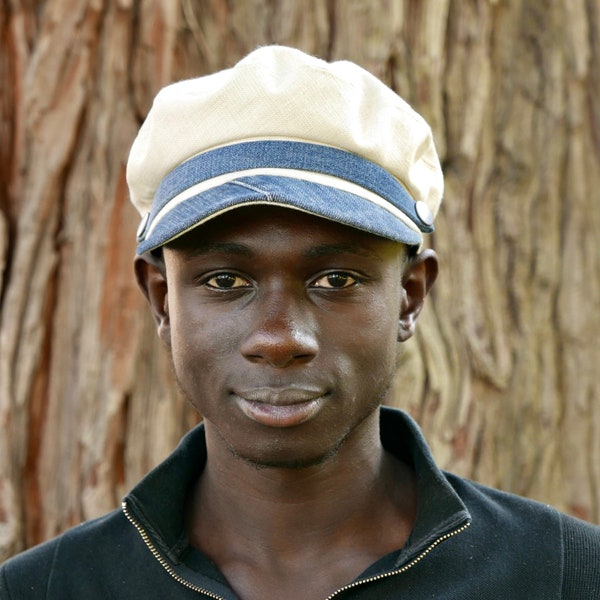 Casquette de marin en lin blanc avec visière en denim, casquette de marin capitaine, casquette de marin grec, chapeau de marin blanc, casquette de pêcheur, chapeau de marin grec blanc