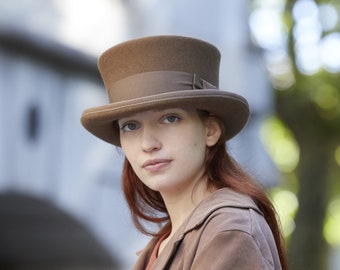 Victorian hat, BEAVER color top hat, stylish top hat, top hat for men and women, brown felt top hat, woman top hat, handmade wool felt hat,