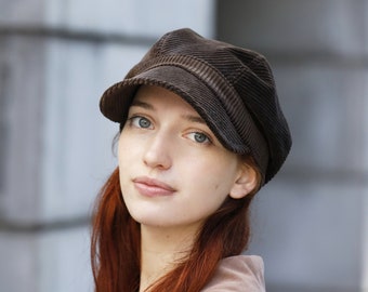 Gorra de vendedor de periódicos de pana de terciopelo marrón: gorra vintage de panadero