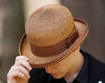 Straw bowler, brown bowler straw hat, derby straw hat, bombin hat, summer bowler hat, handmade bowler straw hat, billycock straw hat