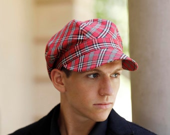 Scottish red cap, plaid newsboy cap, tartan newsie hat, tweed newsboy cap for men and woman, red plaid baker boy hat, man newsie tartan cap