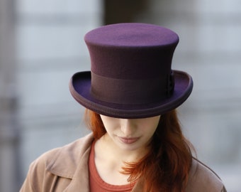 Edwardian Top Hat in PLUM color - Dark Purple Low Crown Top Hat for Classic Charm