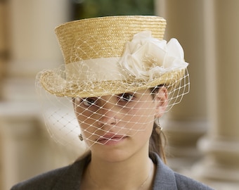 Bridal Straw Top Hat with Net - Women's Wedding Headpiece - Romantic Wedding Accessories - Boho Bride