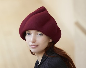 Burgundy Felt Cloche Hat - Handcrafted Vintage Style