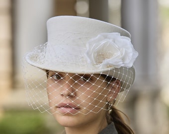 Wedding Top Hat - White Felt Bridal Top Hat with Veil - Vintage Wedding Accessory