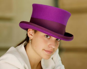 Low Top Hat, MAGENTA top hat, purple low top hat, lilac top hat, violet top hat, edwardian and victorian style top hat, felt low top hat