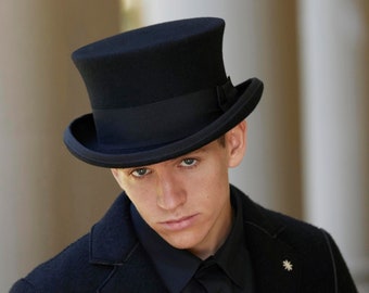 Top Hat, BLACK top hat, Top Hat Low crown, Low top hat black, mens top hat, felt top hat, edwardian wool felt top hat, formal hat for men
