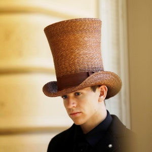 Tall Empire top hat, brown straw Lincoln top hat, high straw top hat, brown straw top hat, stovepipe straw top hat, reggie straw top hat