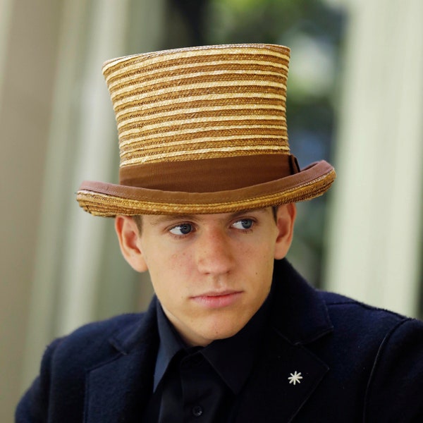 Striped Straw Top Hat for Summer Style - Handmade Brown Straw Top Hat