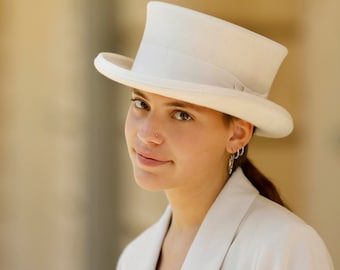 WHITE top hat, bridal top hat, white wedding hat, white low top hat, women top hat, wedding top hat, white bridal top hat, women's top hat