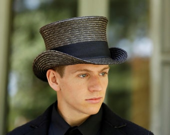 Top hat straw, dark gray straw top hat, formal top hat, handmade straw top hat, summer top hat, low top hat made of straw, derby straw hat