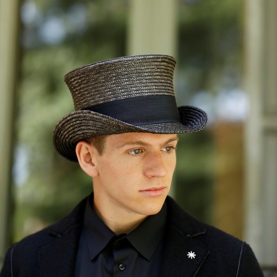 Top Hat Straw, Dark Gray Straw Top Hat, Formal Top Hat, Handmade