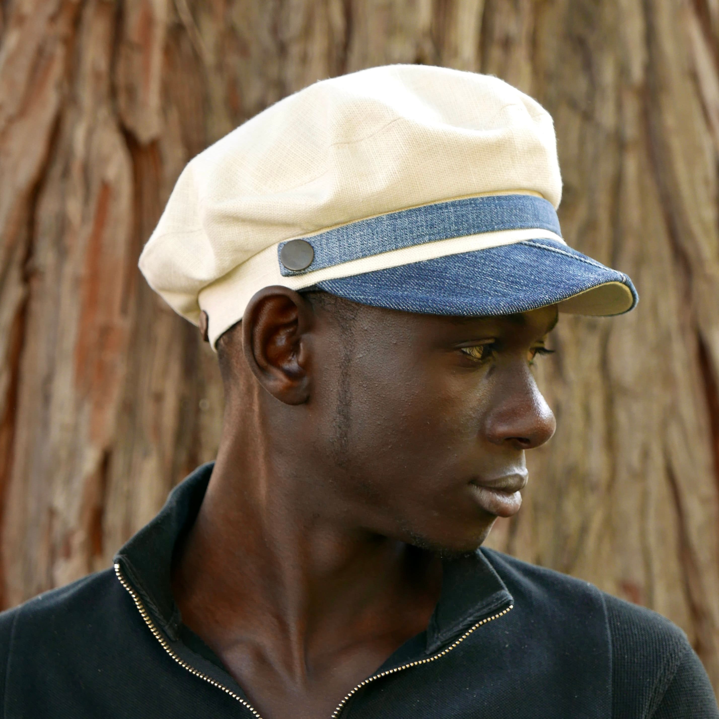 White Linen Sailor Cap With Denim Visor, Captain Sailor Cap 