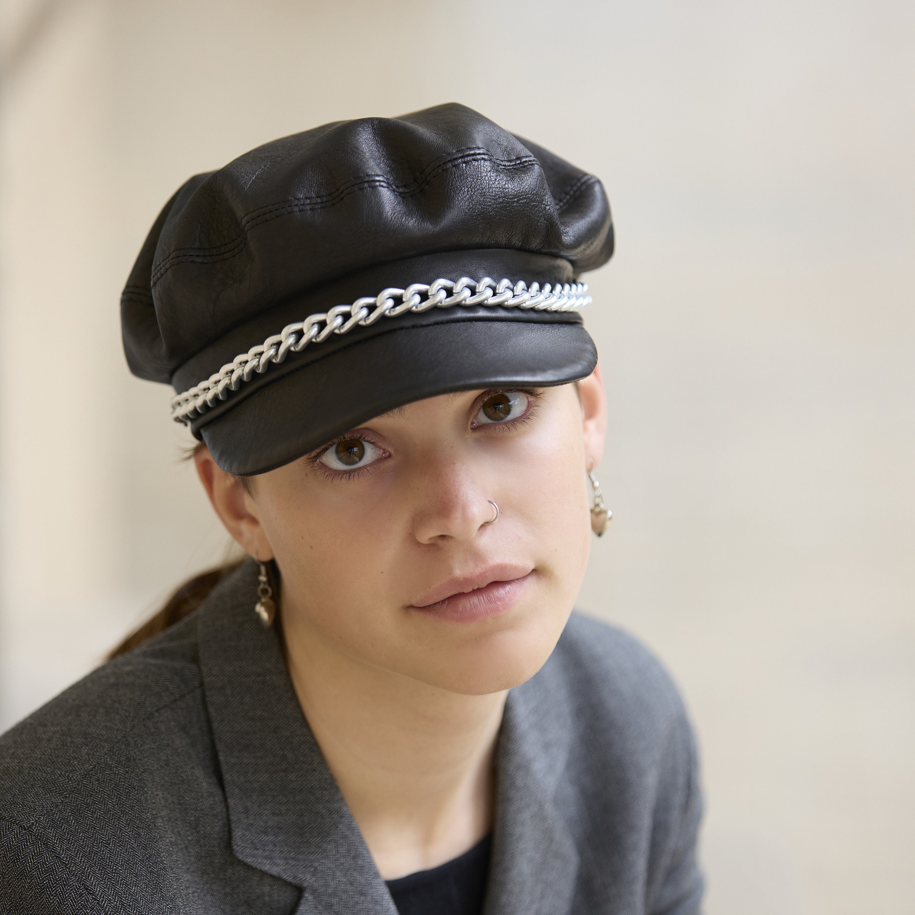 Handmade Black Leather Sailor Cap With Silver Chain: Rocker Style