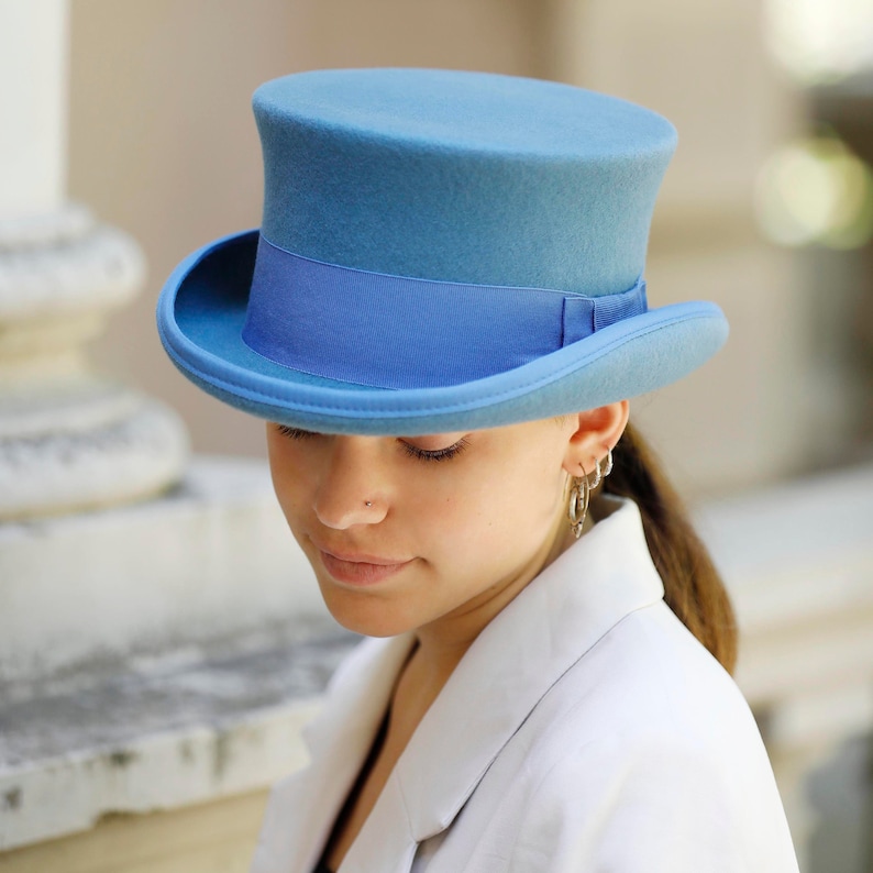 Sky Blue Wool Felt Top Hat - Low Crown Formal Hat image 2
