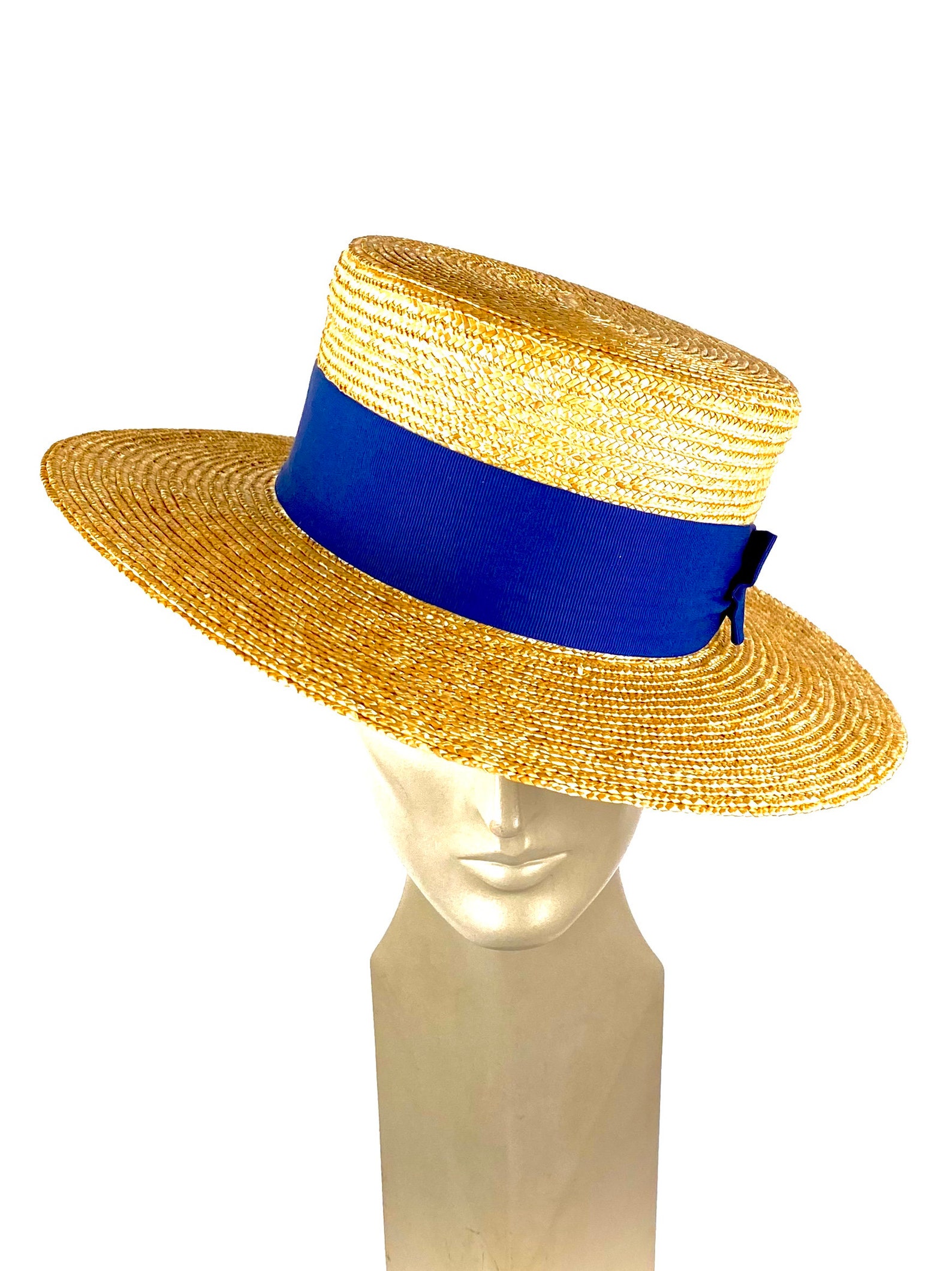Natural straw boater hat with blue ribbon elegant straw Etsy