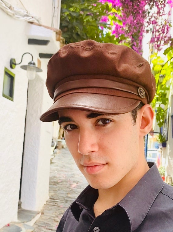 Brown Linen Sailor Hat With Genuine Leather Visor - Vintage