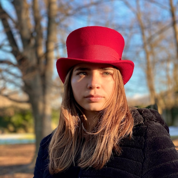 Sombrero de copa rojo, chistera para hombre y mujer, chistera roja  victoriana, sombrero de fieltro rojo, sombrero de copa del siglo XX -   México